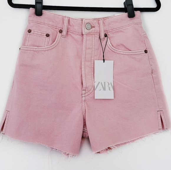 NEW Zara Pink Jean Hi Rise Shorts Fly Button Size 2 - Picture 2 of 8